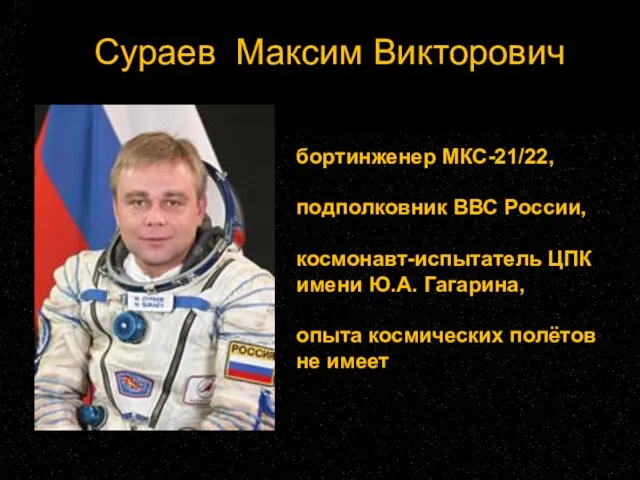 Сураев Максим Викторович бортинженер МКС-21/22, подполковник ВВС России, космонавт-испытатель ЦПК имени Ю.А.