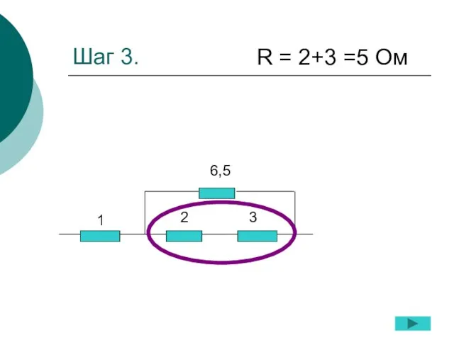 Шаг 3. 1 2 3 6,5 R = 2+3 =5 Ом