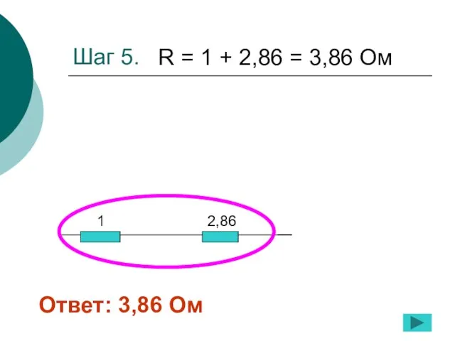 Шаг 5. 1 2,86 R = 1 + 2,86 = 3,86 Ом Ответ: 3,86 Ом