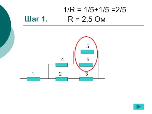 Шаг 1. 1/R = 1/5+1/5 =2/5 R = 2,5 Ом 1 2 3 4 5 5