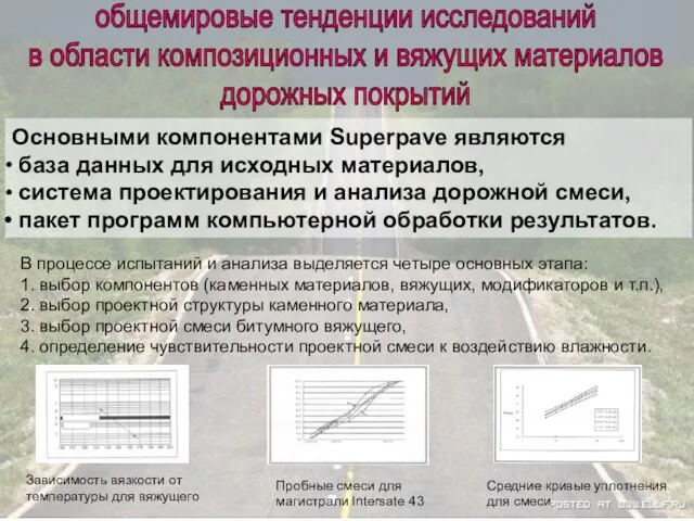 Основными компонентами Superpave являются база данных для исходных материалов, система проектирования и