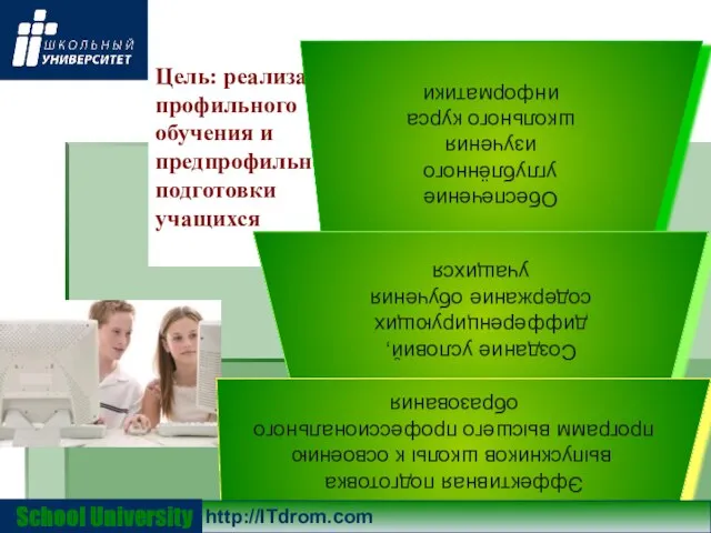 Цель: реализация профильного обучения и предпрофильной подготовки учащихся School University http://ITdrom.com