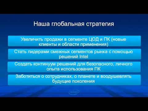 Наша глобальная стратегия Увеличить продажи в сегменте ЦОД и ПК (новые клиенты