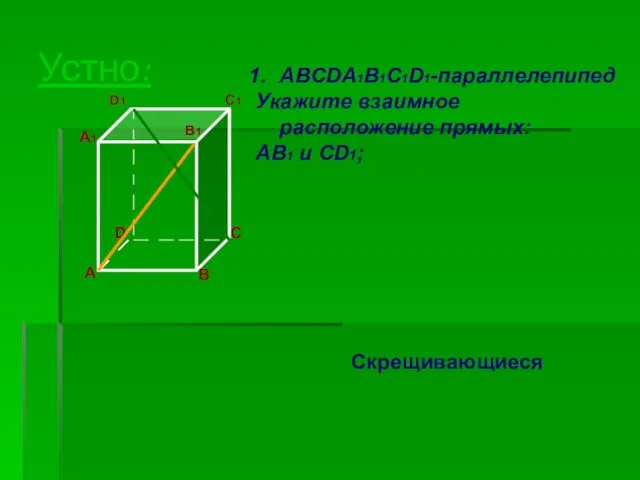 Устно: A D B C ABCDA1B1C1D1-параллелепипед Укажите взаимное расположение прямых: AB1 и