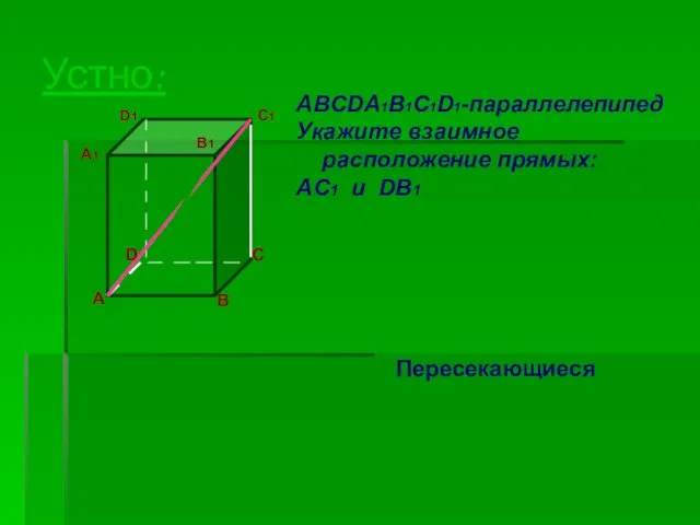 Устно: A D B C ABCDA1B1C1D1-параллелепипед Укажите взаимное расположение прямых: AC1 и