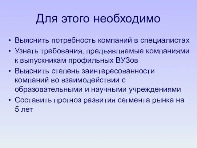 Для этого необходимо Выяснить потребность компаний в специалистах Узнать требования, предъявляемые компаниями