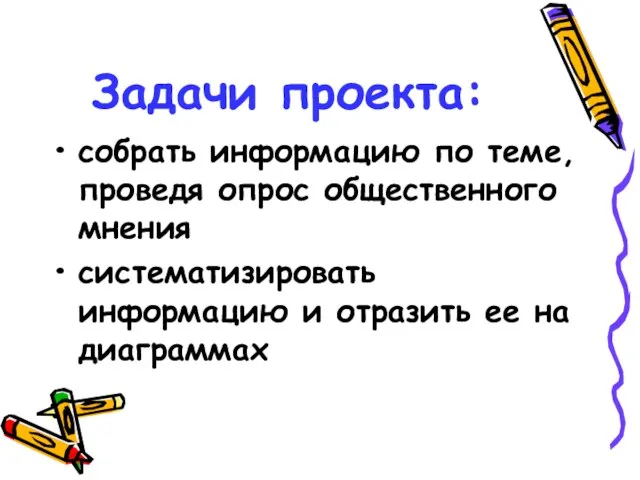 Задачи проекта: собрать информацию по теме, проведя опрос общественного мнения систематизировать информацию