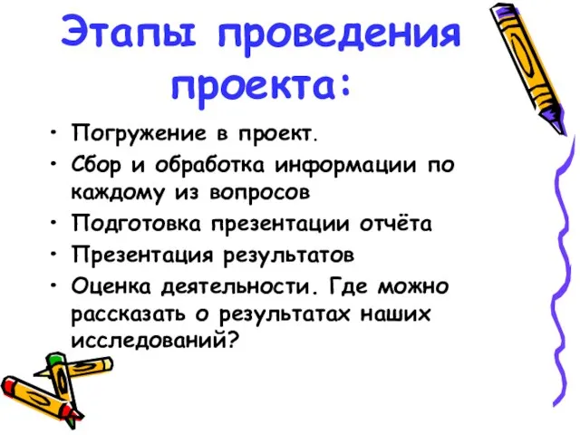 Этапы проведения проекта: Погружение в проект. Сбор и обработка информации по каждому