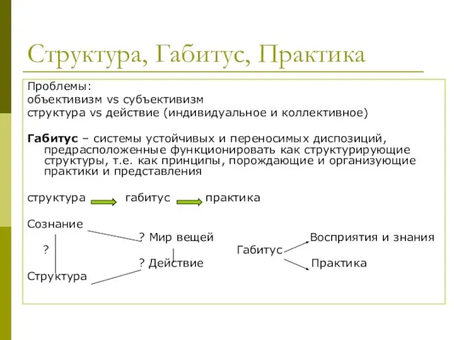 Структура, Габитус, Практика Проблемы: объективизм vs субъективизм структура vs действие (индивидуальное и