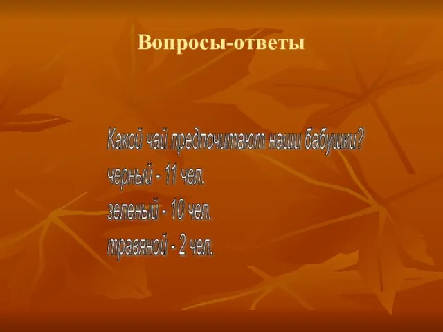 Вопросы-ответы Какой чай предпочитают наши бабушки? черный - 11 чел. зеленый -