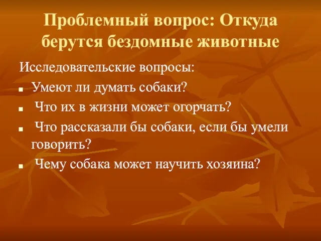 Проблемный вопрос: Откуда берутся бездомные животные Исследовательские вопросы: Умеют ли думать собаки?