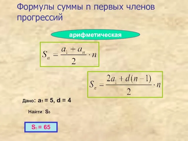 Формулы суммы n первых членов прогрессий Дано: a1 = 5, d =