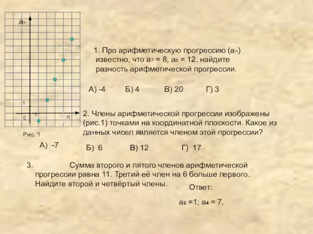 1. Про арифметическую прогрессию (аn) известно, что а7 = 8, а8 =