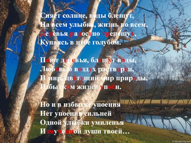 Сияет солнце, воды блещут, На всем улыбка, жизнь во всем, Деревья радостно