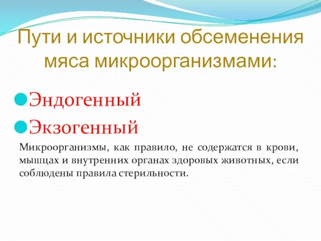 Пути и источники обсеменения мяса микроорганизмами: Эндогенный Экзогенный Микроорганизмы, как правило, не