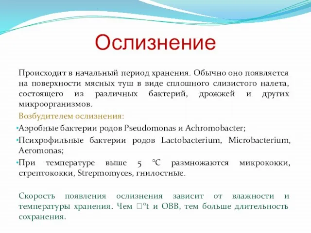 Ослизнение Происходит в начальный период хранения. Обычно оно появляется на поверхности мясных