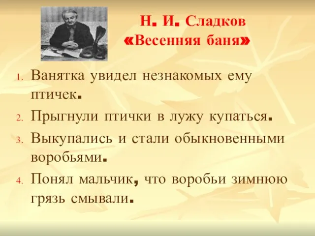 Н. И. Сладков «Весенняя баня» Ванятка увидел незнакомых ему птичек. Прыгнули птички