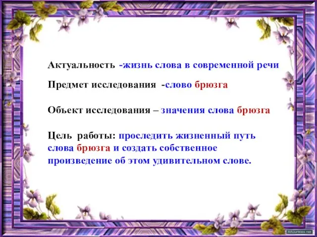 Предмет исследования -слово брюзга Объект исследования – значения слова брюзга Цель работы: