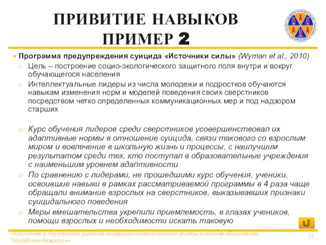 ПРИВИТИЕ НАВЫКОВ ПРИМЕР 2 Программа предупреждения суицида «Источники силы» (Wyman et al.,