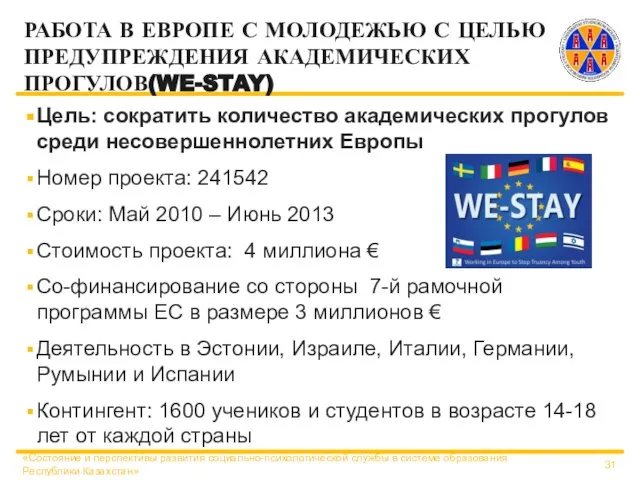 РАБОТА В ЕВРОПЕ С МОЛОДЕЖЬЮ С ЦЕЛЬЮ ПРЕДУПРЕЖДЕНИЯ АКАДЕМИЧЕСКИХ ПРОГУЛОВ(WE-STAY) Цель: сократить