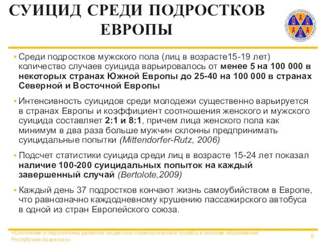 СУИЦИД СРЕДИ ПОДРОСТКОВ ЕВРОПЫ Среди подростков мужского пола (лиц в возрасте15-19 лет)