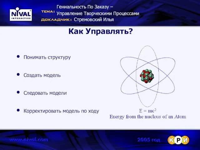 Как Управлять? Понимать структуру Создать модель Следовать модели Корректировать модель по ходу