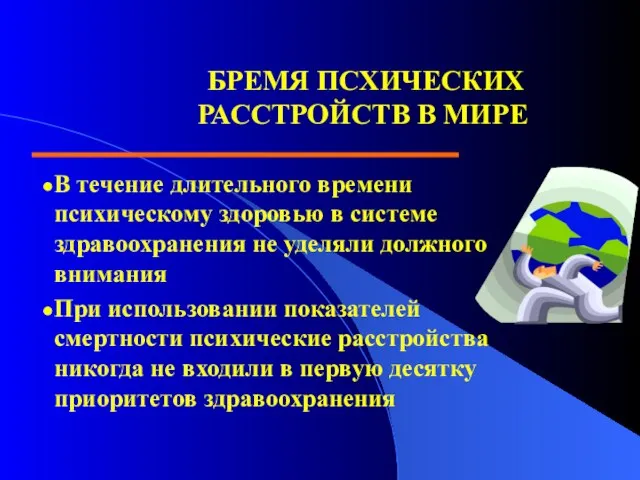 БРЕМЯ ПСХИЧЕСКИХ РАССТРОЙСТВ В МИРЕ В течение длительного времени психическому здоровью в