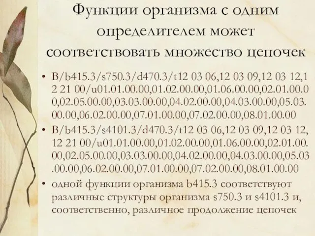 Функции организма с одним определителем может соответствовать множество цепочек B/b415.3/s750.3/d470.3/t12 03 06,12