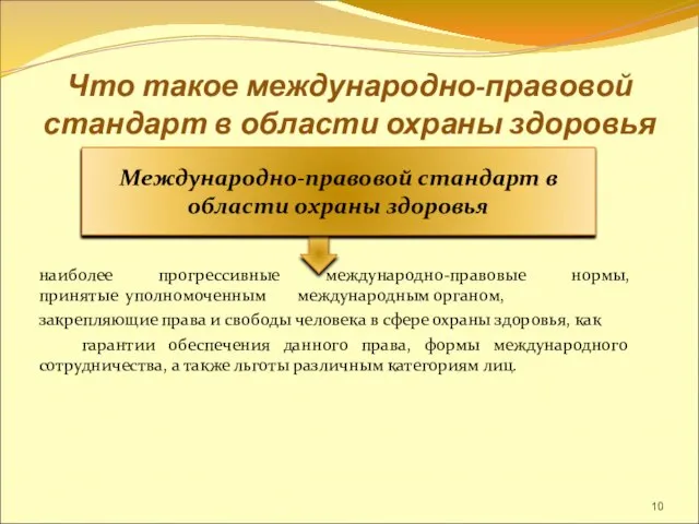 Что такое международно-правовой стандарт в области охраны здоровья наиболее прогрессивные международно-правовые нормы,