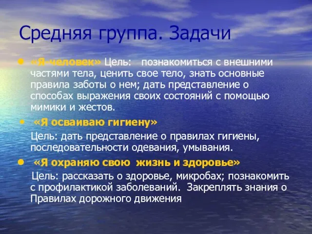 Средняя группа. Задачи «Я-человек» Цель: познакомиться с внешними частями тела, ценить свое