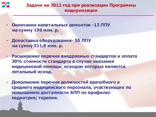 Задачи на 2012 год при реализации Программы модернизации Окончание капитальных ремонтов -13