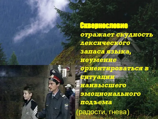 Сквернословие отражает скудность лексического запаса языка, неумение ориентироваться в ситуации наивысшего эмоционального подъема (радости, гнева)