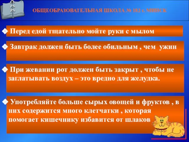 ОБЩЕОБРАЗОВАТЕЛЬНАЯ ШКОЛА № 182 г. МИНСК Перед едой тщательно мойте руки с