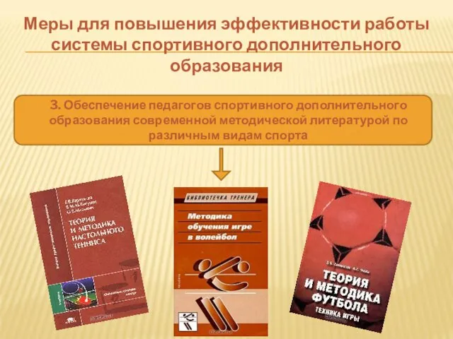 Меры для повышения эффективности работы системы спортивного дополнительного образования 3. Обеспечение педагогов