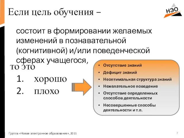 Если цель обучения – состоит в формировании желаемых изменений в познавательной (когнитивной)