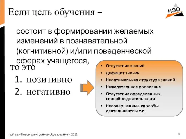 Если цель обучения – состоит в формировании желаемых изменений в познавательной (когнитивной)