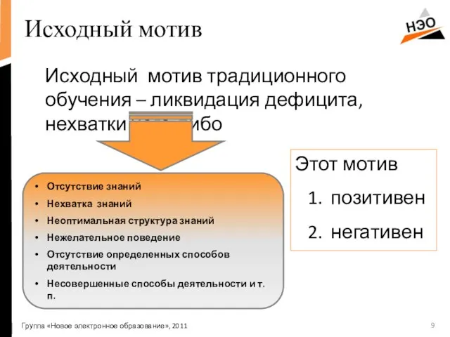 Исходный мотив Исходный мотив традиционного обучения – ликвидация дефицита, нехватки чего-либо Группа