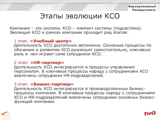 Этапы эволюции КСО Компания – это система. КСО – элемент системы (подсистема).