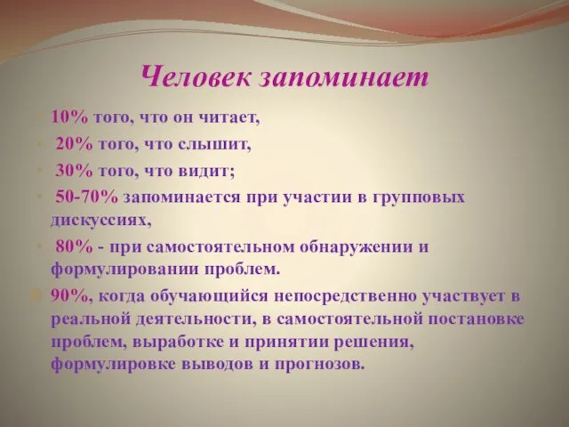 Человек запоминает 10% того, что он читает, 20% того, что слышит, 30%