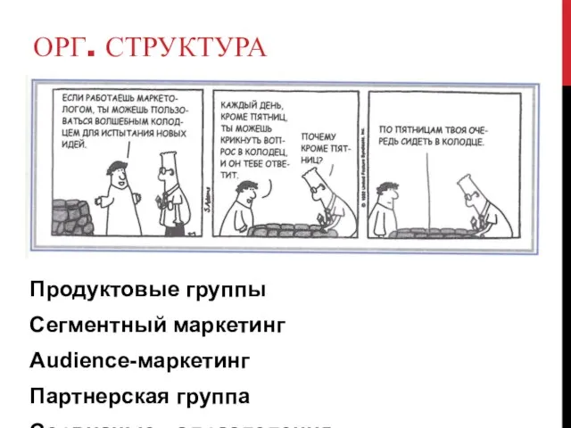 ОРГ. СТРУКТУРА Продуктовые группы Сегментный маркетинг Audience-маркетинг Партнерская группа Сервисные подразделения Вендоры