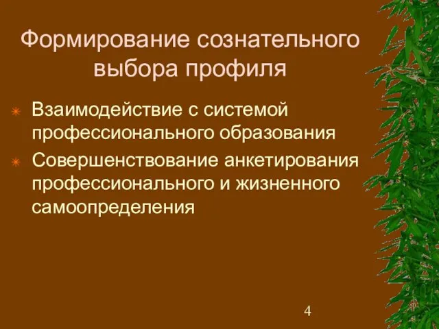 Формирование сознательного выбора профиля Взаимодействие с системой профессионального образования Совершенствование анкетирования профессионального и жизненного самоопределения