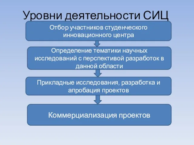 Уровни деятельности СИЦ Отбор участников студенческого инновационного центра Определение тематики научных исследований