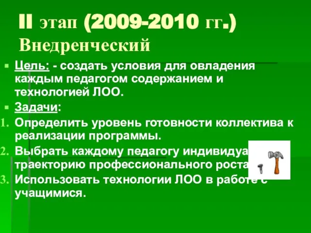 II этап (2009-2010 гг.) Внедренческий Цель: - создать условия для овладения каждым