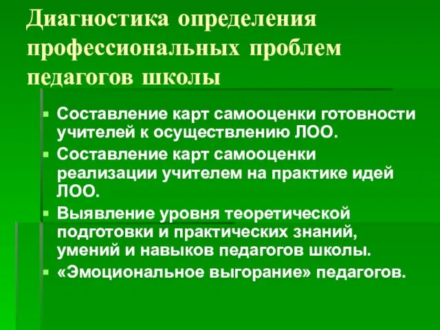 Диагностика определения профессиональных проблем педагогов школы Составление карт самооценки готовности учителей к