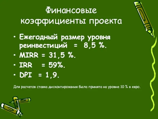 Финансовые коэффициенты проекта Ежегодный размер уровня реинвестиций = 8,5 %. MIRR =