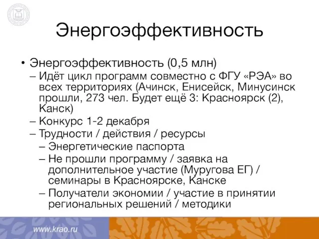 Энергоэффективность Энергоэффективность (0,5 млн) Идёт цикл программ совместно с ФГУ «РЭА» во