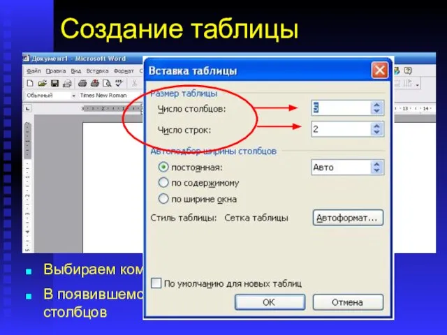 Создание таблицы На панели инструментов выбираем команду Таблица В появившемся окне указываем