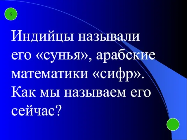 6 Индийцы называли его «сунья», арабские математики «сифр». Как мы называем его сейчас?