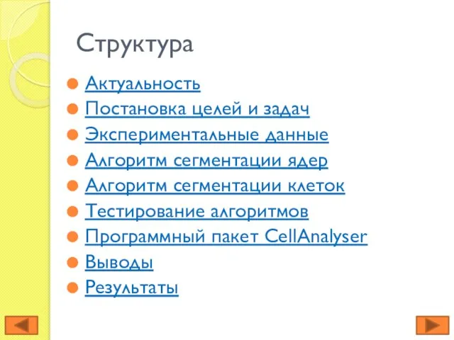 Структура Актуальность Постановка целей и задач Экспериментальные данные Алгоритм сегментации ядер Алгоритм