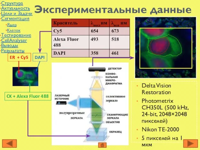 Экспериментальные данные Delta Vision Restoration Photometrix CH350L (500 kHz, 24-bit, 2048×2048 пикселей)